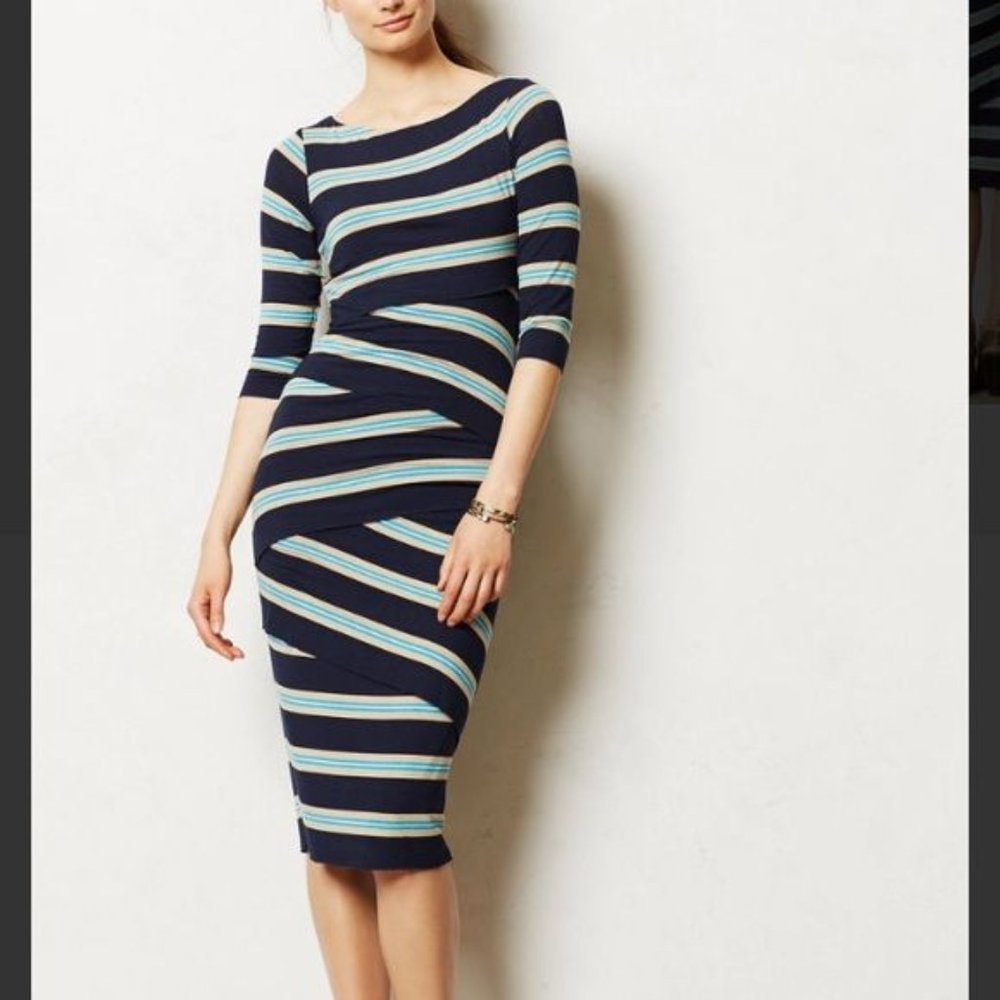Striped Navy Bodycon Dress with Boat Neck. Bsiley 44